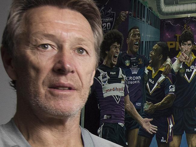 To go with James Phelps Sunday Tele story..... Inside the Melbourne Storm.  05/09/2019 .  Storm coach Craig Bellamy infront of a painting of the great storm players from the clubs history     . Pic: Michael Klein.