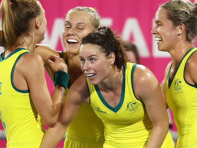 GOLD COAST, AUSTRALIA - APRIL 12:  Australia celebrates victory at full-time during Women's Semi Final Hockey match between Australia and India on day eight of the Gold Coast 2018 Commonwealth Games at Gold Coast Hockey Centre on April 12, 2018 on the Gold Coast, Australia.  (Photo by Matt King/Getty Images)