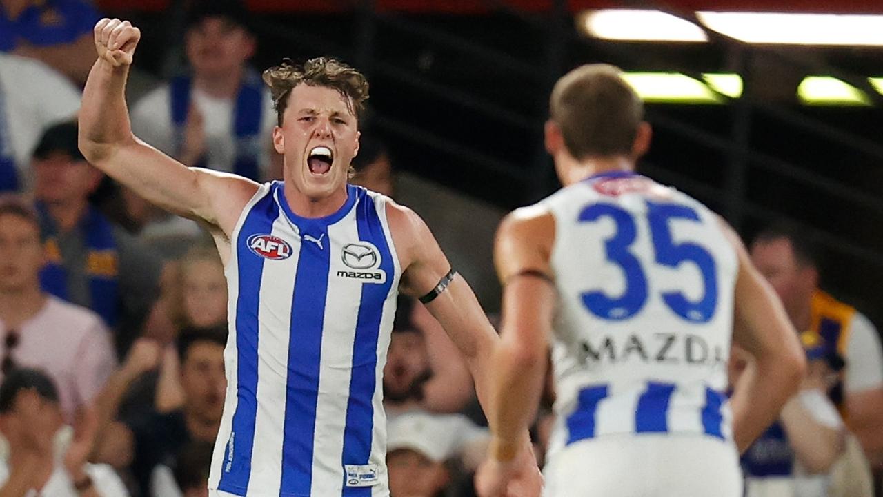 Nick Larkey celebrates one of his six goals. Picture: Michael Willson/AFL Photos via Getty Images