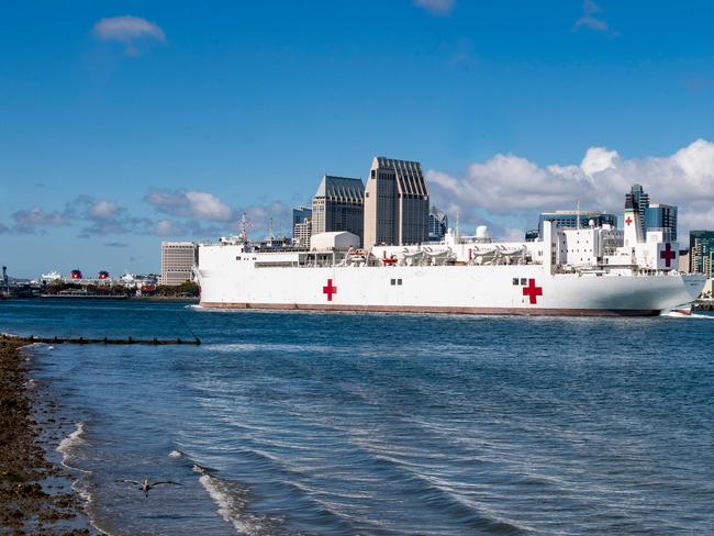 The Military Sealift Command hospital ship USNS Mercy navigates the San Diego channel. Picture: AFP