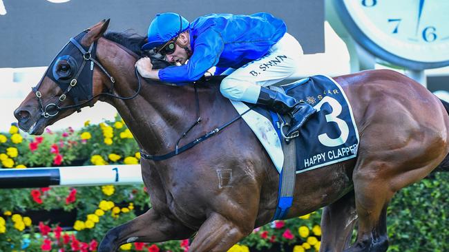 Evergreen galloper Happy Clapper winning the Doncaster. Picture: AAP