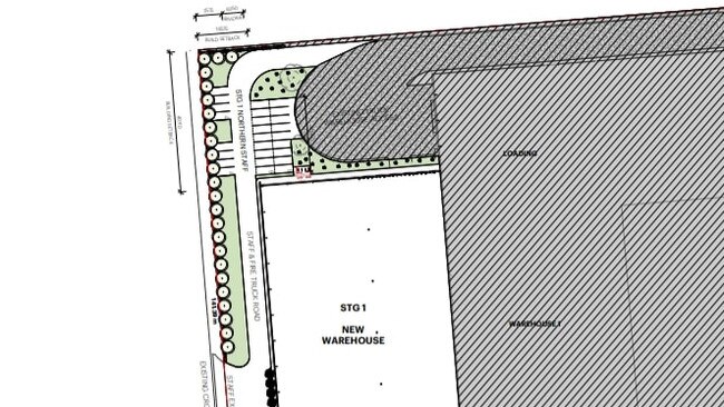 The extension is planned to the west of the existing warehouse, along South Rd, with parking to the north and south. Picture: Masterplan