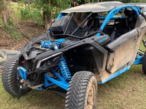 A 28-year-old Mt Sheridan man lost his hand after crashing this blue Can-am Maverick XRC quad bike at Miallo in Queensland. Picture: Supplied