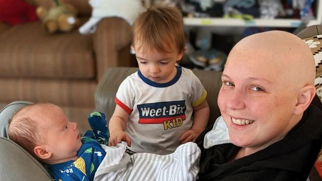 Leopold mum Isla Foy was diagnosed with breast cancer when she was 32-weeks pregnant with her second child. Pictured with toddler, Bailey, and newborn, Freddie.