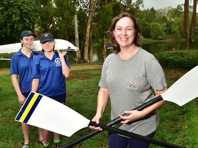 Townsville and JCU Rowing Club president Tara Cudmore (R) with junior members Rebecca Cudmore, 14, and Maya Williams, 14. Picture: Shae Beplate.