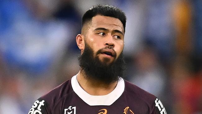 BRISBANE, AUSTRALIA - JULY 27: Payne Haas of the Broncos reacts at the final siren during the round 21 NRL match between Brisbane Broncos and Canterbury Bulldogs at Suncorp Stadium, on July 27, 2024, in Brisbane, Australia. (Photo by Albert Perez/Getty Images)