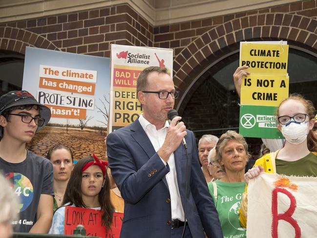 Greens MLC David Shoebridge speaks outside Manly Court with fellow climate change protesters at Manly on Thursday, 16 January, 2020. Picture: AAP IMAGE / Troy Snook