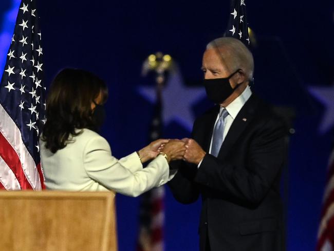 Vice President-elect Kamala Harris and Joe Biden bumped fists due to COVID-19 protocol. Picture: AFP