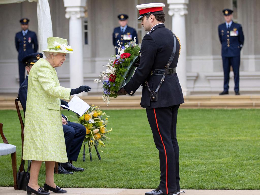 The Queen participates in a wreath-laying ceremony. Picture: Steve Reigate/POOL/AFP