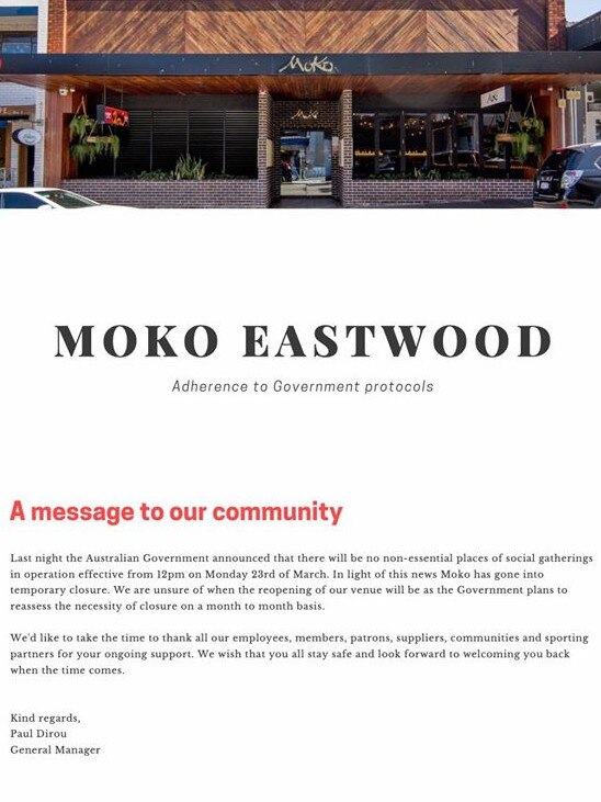 Moko Eastwood was forced to stop operating in late March when the Morrison government announced the closures of pubs and licensed venues.