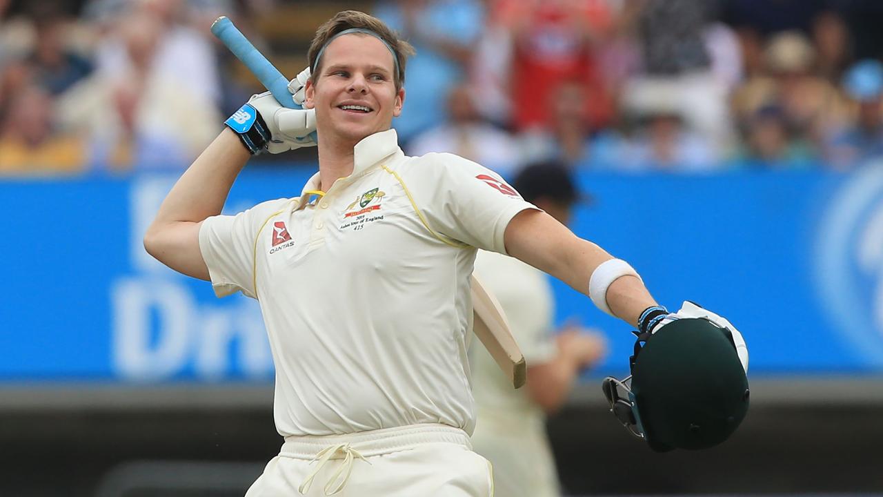 Steve Smith celebrates reaching his century in the first Test match of the 2019 Ashes series in England. Picture: Lindsey Parnaby / AFP