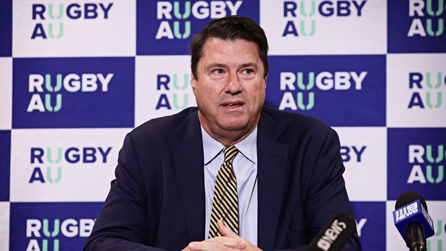 DAILY TELEGRAPH JUNE 4, 2023. Chairman Hamish McLennan of Rugby Australia speaking at a press conference at Alianz stadium more park. Picture: Adam Yip