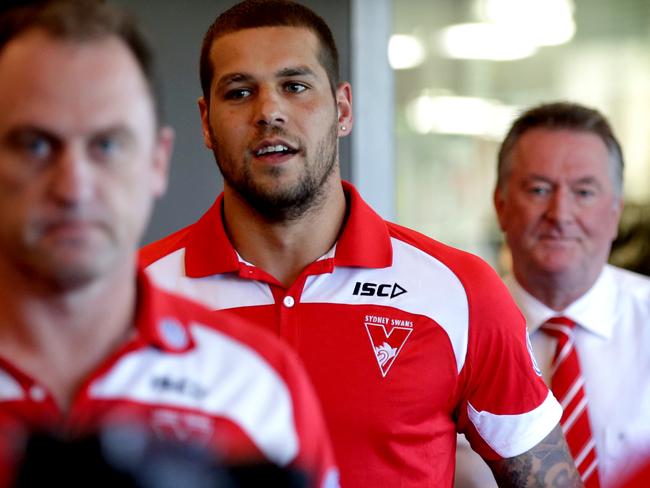 Lance Franklin with John Longmire and Andrew Ireland at Swans office in Moore Park. Picture Gregg Porteous