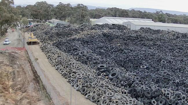 Stockpiled tyres on the Stawell property last year. Picture: AAP