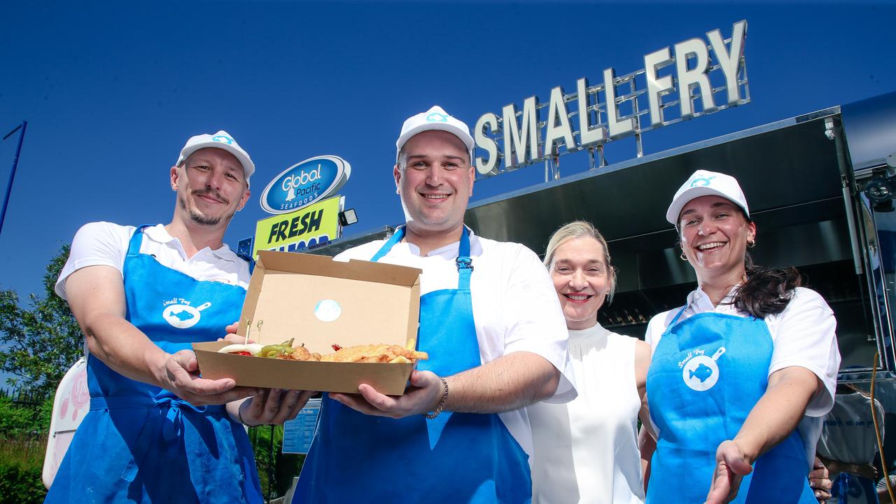 Small Fry Robina owner and head chef with chef Samuel Cahill and Mum Andrea and Sister Georgina , Braden Ceccato said it was a "crazy feeling" to have won the Bulletin's best fish and chips restaurant on the Gold Coast. Picture: Glenn Campbell