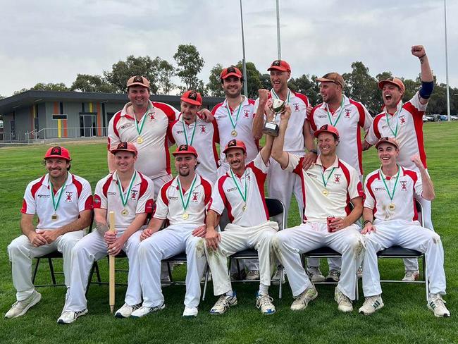 Romsey celebates its McIntyre Cup victory. Picture: Romsey CC