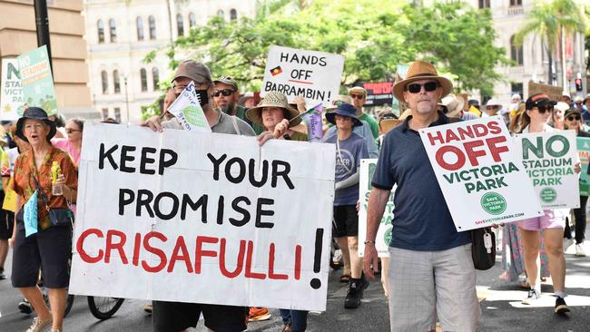 Opponents rally against the Olympic stadium at Victoria Park. Picture: Patrick Woods.