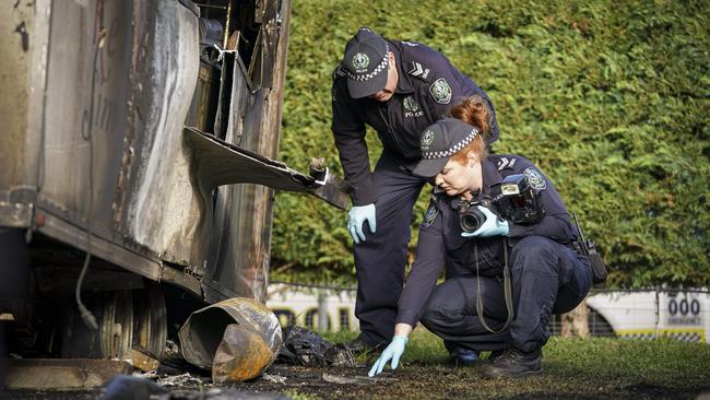 Police at the scene of a food van fire in Mile End on August 8. Picture: AAP / Mike Burton