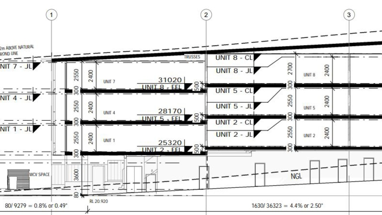 Designs for the new development proposed for 38 Meta St. The line on top shows it being below the 12 metre height limit for development.