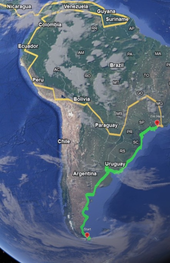 Ryan Magee's planned route for his Tuk Tuk journey through South America. Photo: Google Maps