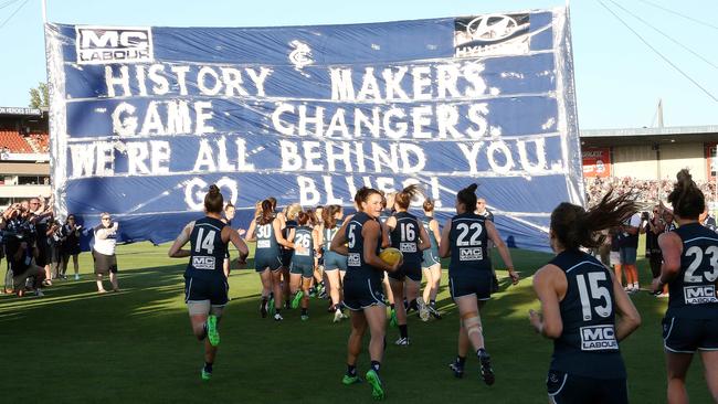 The first Carlton AFLW banner. Picture: George Salpigtidis