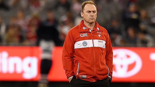 Sydney coach John Longmire watches his players warm up.