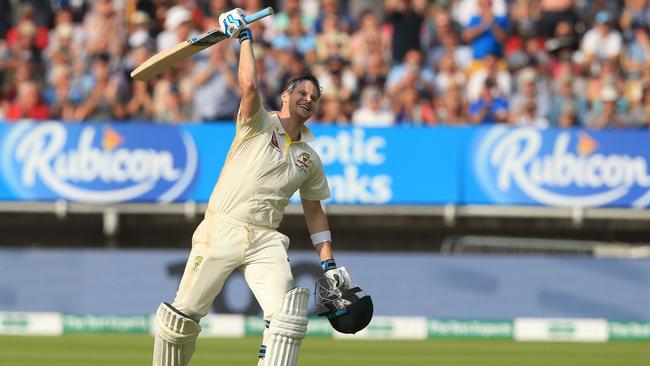 Australia’s Steve Smith celebrates his century on the opening day of the first Ashes Test against England at Edgbaston. Picture: AFP