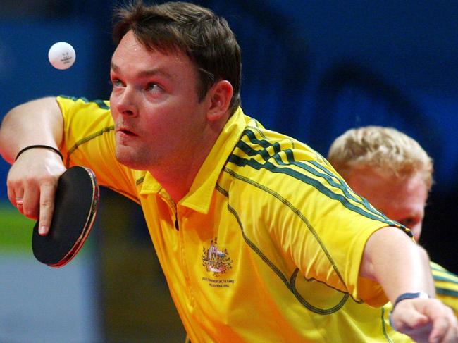 Melbourne 2006 Commonwealth Games. Day 07. Table Tennis. Mens Doubles - Round 1. Australia's Trevor Brown and Russell Lavale play the doubles. Lavale serves.