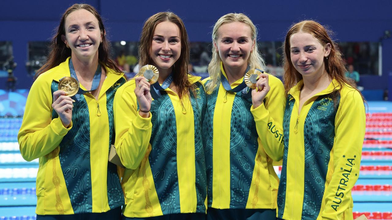 Gold medallists from Lani Pallister, Brianna Throssell, Ariarne Titmus and Mollie O'Callaghan after winning the women's 4x200m freestyle relay final. Picture: Xavier Laine/Getty Images