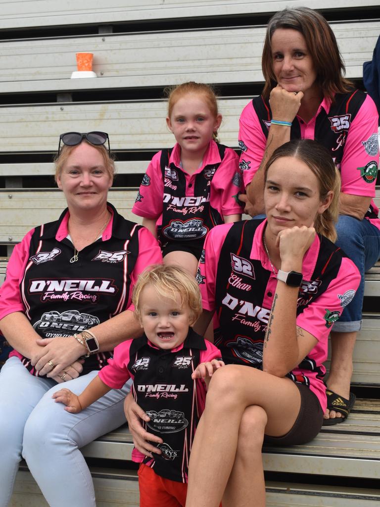 <p>Farrin O'Neill, Layla O'Neill, Petrina Lilley, Cooper O'Neill and Leah O'Neill at the McCosker Rocky Speedway&rsquo;s Modified Sedans Cattle Cup at the Rockhampton Showgrounds on February 24, 2024.</p>