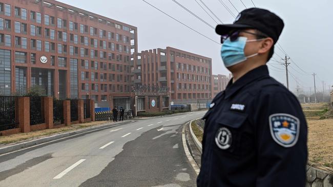 A security guard outside the Wuhan Institute of Virology in China's central Hubei province. Picture: AFP