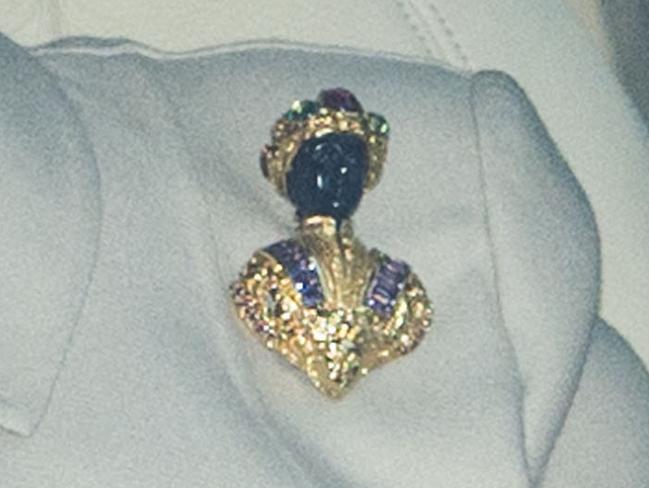 The ‘racist’ brooch worn on her left shoulder. Picture: Mark Cuthbert/UK Press via Getty