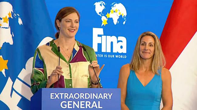 Cate Campbell speaks at the FINA Extraordinary General Congress in Budapest.