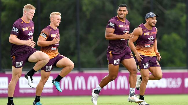 Young guns Thomas Flegler, Tanah Boyd, Tevita Pangai and Jamil Hopoate at training. Picture: AAP Image