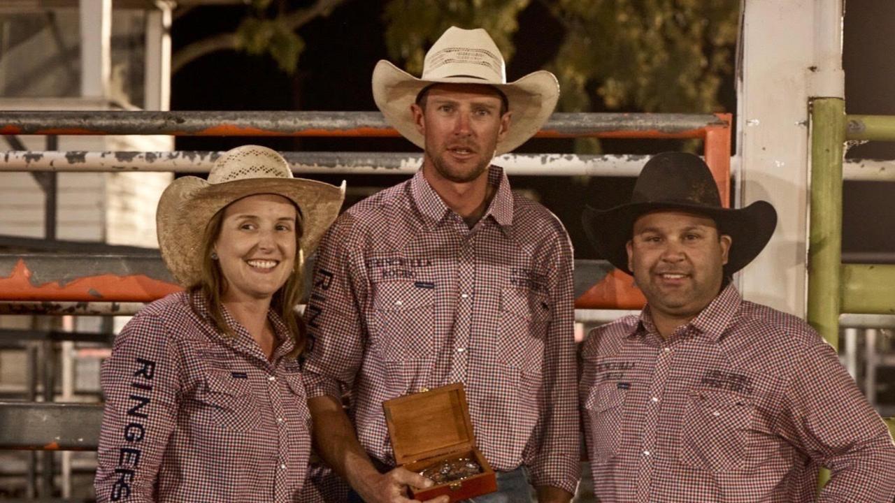 Chinchilla Rodeo vice president Kristen Chong Jack Holt Memorial Open Bull Riding champion Jack McArthur from Cooyar and Chinchilla Rodeo president Darryl Chong.