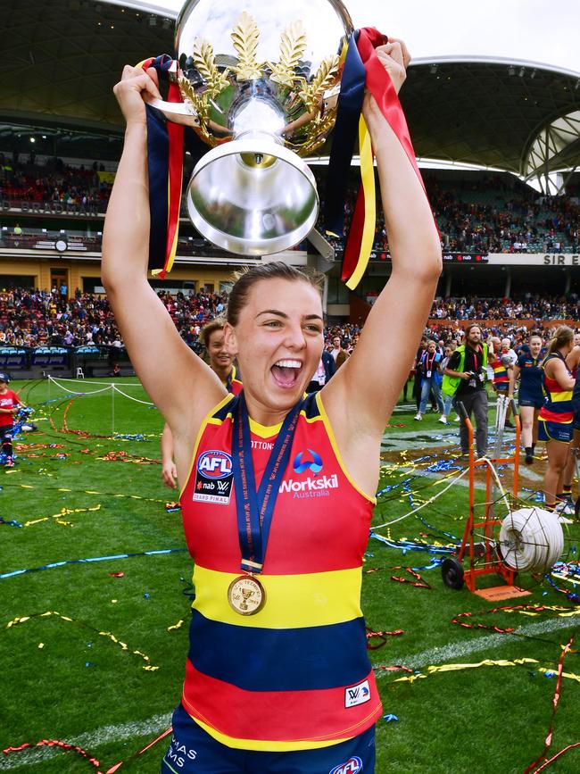 Ebony Marinoff celebrates after winning this year’s AFLW grand final. Picture: Mark Brake/Getty Images