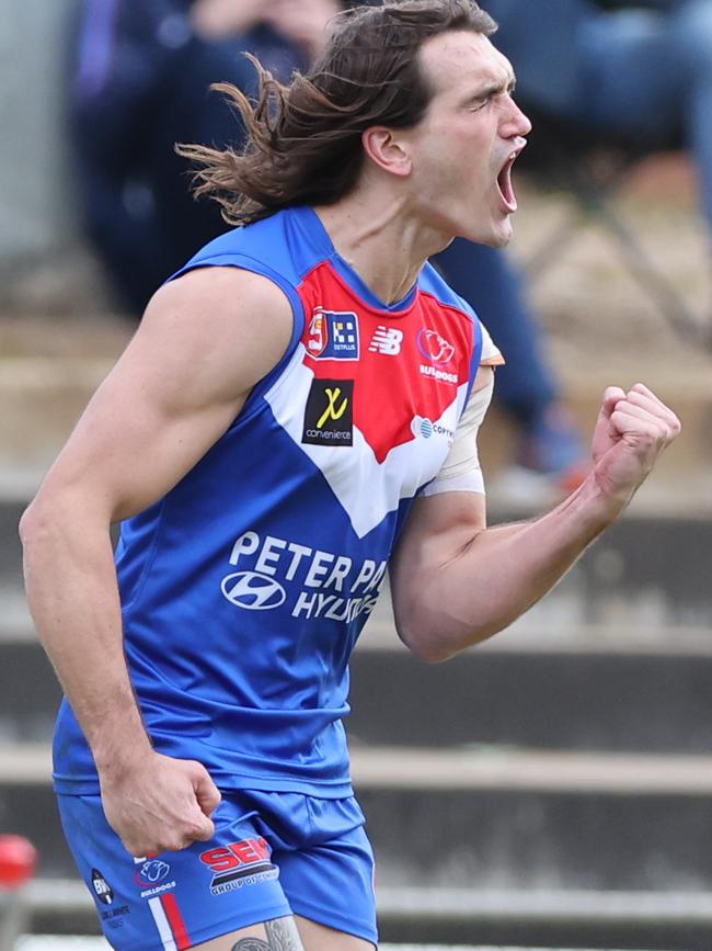 Central District forward Aiden Grace celebrates a goal against West Adelaide at Richmond Oval. Picture: David Mariuz/SANFL