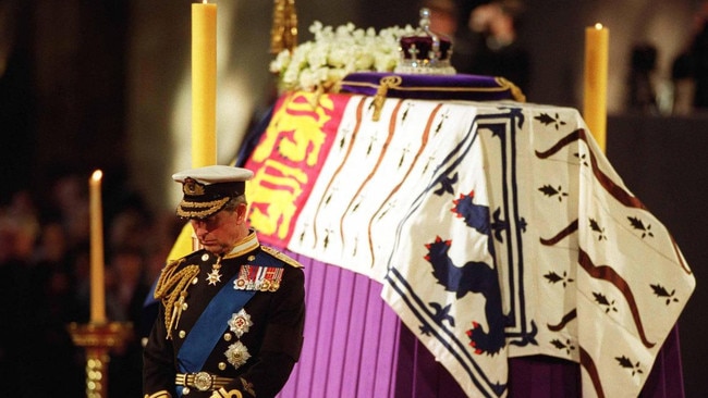 On the eve of her funeral the Queen Mother's four grandsons – the Prince of Wales, the Duke of York, the Earl of Wessex and Viscount Linley – kept vigil beside her coffin. Picture: Getty Images/The Times