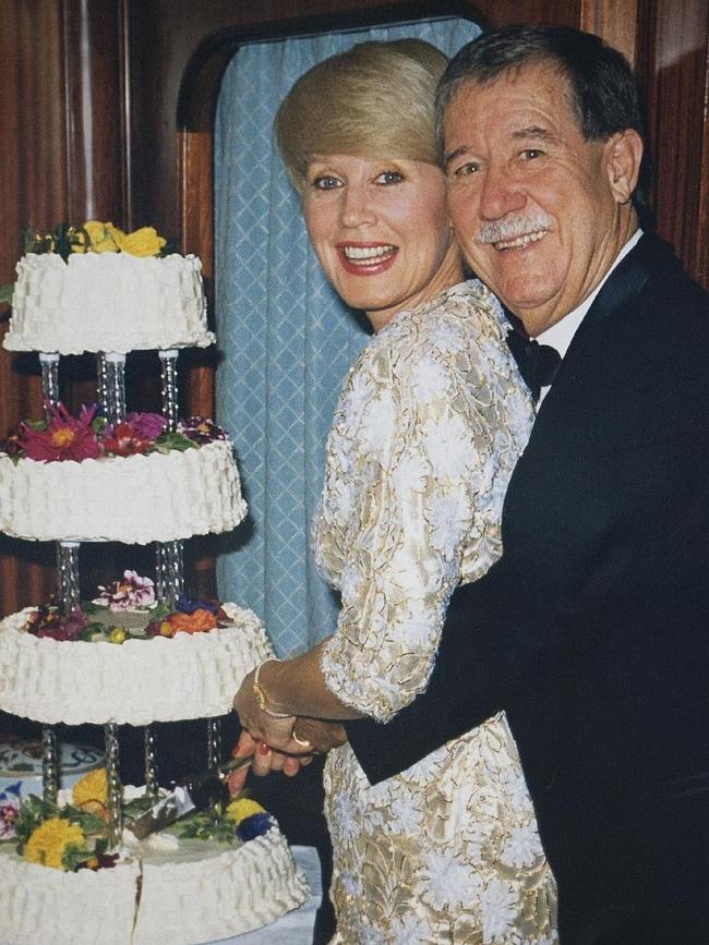 Reg Grundy and his wife Joy Chambers-Grundy on their yacht anchored off France during their third wedding ceremony.