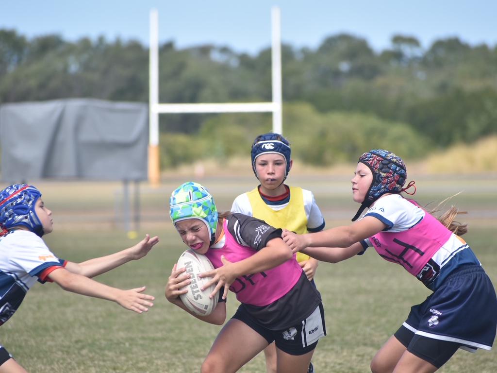 Bryn Cook tackles in the Magpies and Bulldogs White clash in the RLMD U11 Mixed division at RLMD Fields, August 7, 2021. Picture: Matthew Forrest