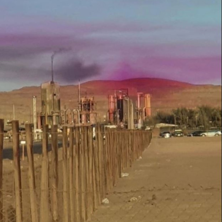 The violet vapour is believed to have been caused by a malfunction at a nearby mine. Picture: