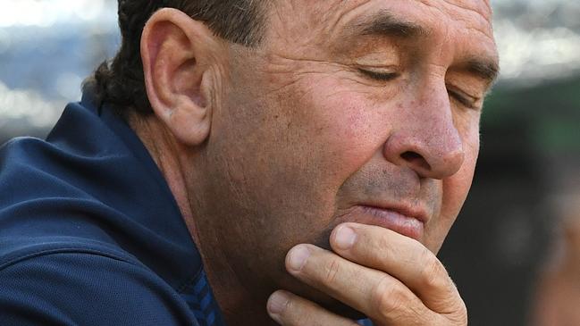 Raiders coach Ricky Stuart reacts during the Round 9 NRL match between the Sydney Roosters and the Canberra Raiders at Suncorp Stadium in Brisbane, Sunday, May 12, 2019.  (AAP Image/Dave Hunt) NO ARCHIVING, EDITORIAL USE ONLY