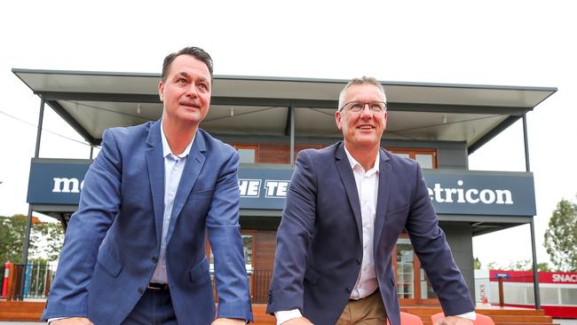 Metricon Director Queensland Jason Biasin and Suns CEO Mark Evans enjoy the view from new Terrace viewing area. Photo: Tim Marsden