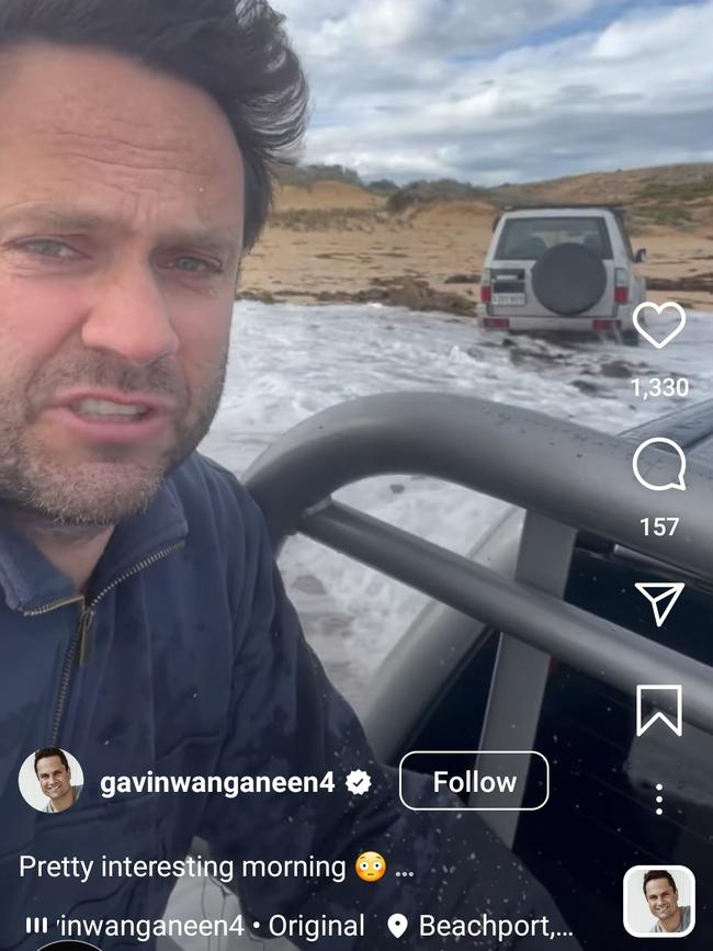 Gavin Wanganeen with his stuck car at Beachport., Picture: Instagram