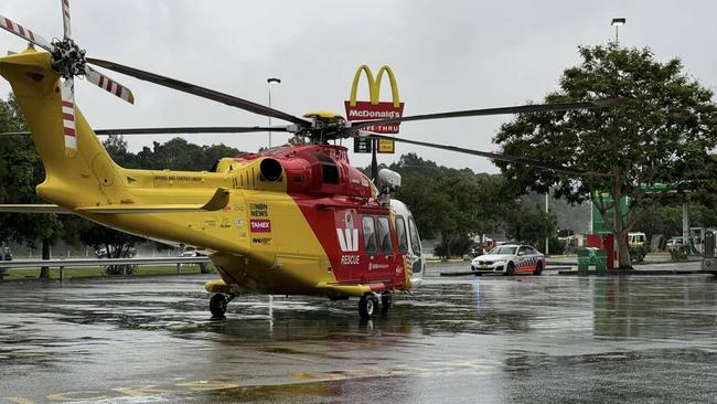 A Westpac emergency helicopter at Chinderah BP after a truck crash. Picture: Facebook (Kelvin Hennessy)