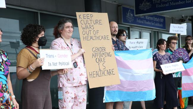 The Cairns trans community and supporting family members protest the State Government's pause on gender therapy including puberty blockers and hormone treatments. Wendy Ramsey led the rally on Wednesday, January 30, chanting "trans rights are human rights." Picture: Arun Singh Mann