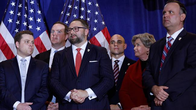 Senior advisers for Donald Trump in New Hampshire last week: Brian Jack, second left, Jason Miller, third left, Susie Wiles and Dan Scavino, right. Picture: Getty Images