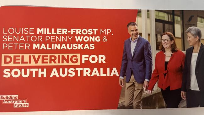 Louise Miller-Frost's flyer for the federal seat of Boothby that features Premier Peter Malinauskas.