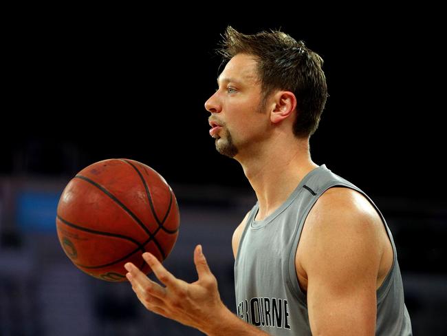 MELBOURNE, AUSTRALIA - MARCH 16:  David Andersen of Melbourne United looks on during warm up prior to game one of the NBL Grand Final series between Melbourne United and the Adelaide 36ers at Hisense Arena on March 16, 2018 in Melbourne, Australia.  (Photo by Graham Denholm/Getty Images)