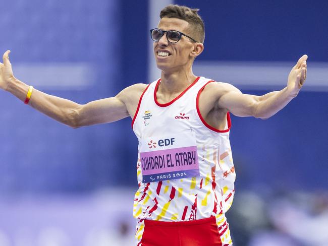 Ouhdadi crosses the line first in the 5000m T13 final in Paris last year. Picture: Tom Weller/VOIGT/GettyImages